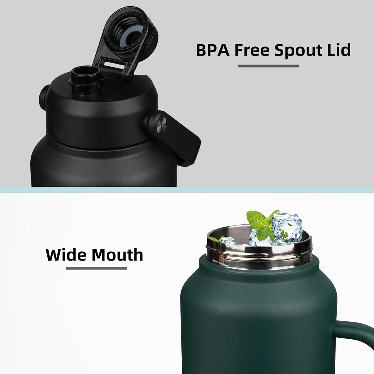 BJPKPK 1 Gallon Water Bottle with Handle, Large Dishwasher Safe 128oz Insulated Water Bottle, BPA Free Water Jug, Wide Mouth Metal Water Bottle with Anti-slip Bottom, Keep Cold & Hot,Black