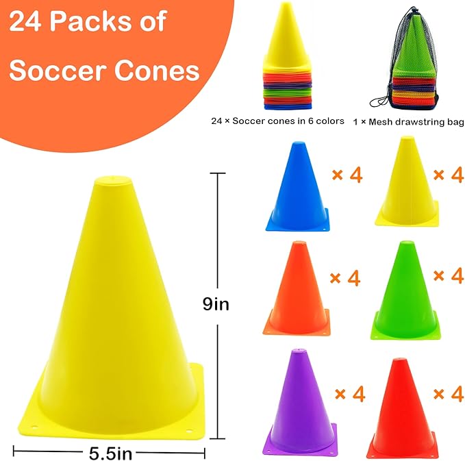 12/24/48Pcs Soccer Cones,7" or 9" Soccer Cones for Training, Multicolor Cones Sports Soccer Training Cones, Field Cones for Skating Basketball Football Drills Practice