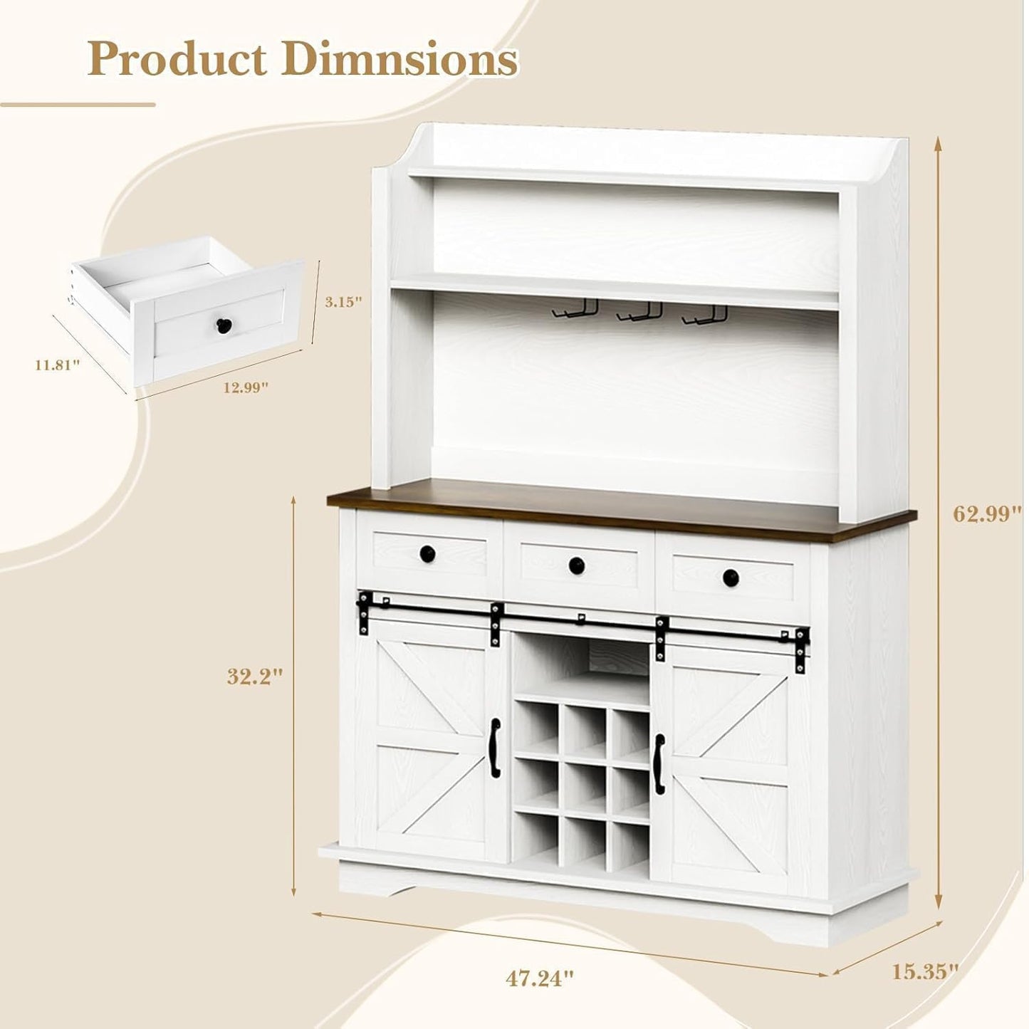 63 Inch Coffee Bar Cabinet with 3-Tier Storage, Kitchen Storage Cabinets with 3 Drawers, Farmhouse Coffee Bar with 9 Racks, 3 Glass Holders, Wine Bar for Living Dining Room, White