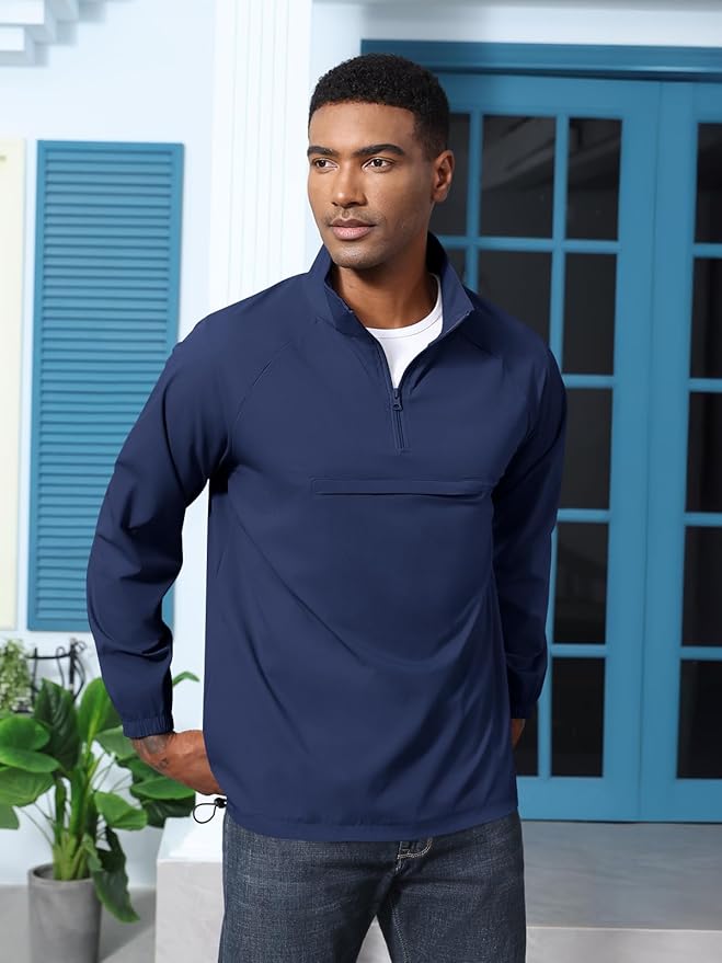 Aulemen Men's Casual Quarter Zip Pullover-Athletic Windbreaker Lightweight Jackets Hiking Golf for Men Mock Neck with Pockets