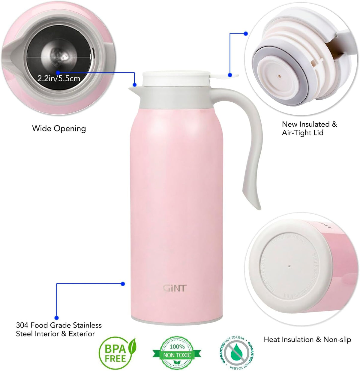 GiNT 51 Oz Stainless Steel Thermal Coffee Carafe, Double Walled Vacuum Insulated Flask, 12 Hour Heat Retention, 1.5 Liter Tea, Water, and Coffee Dispenser (Upgraded version Pink)