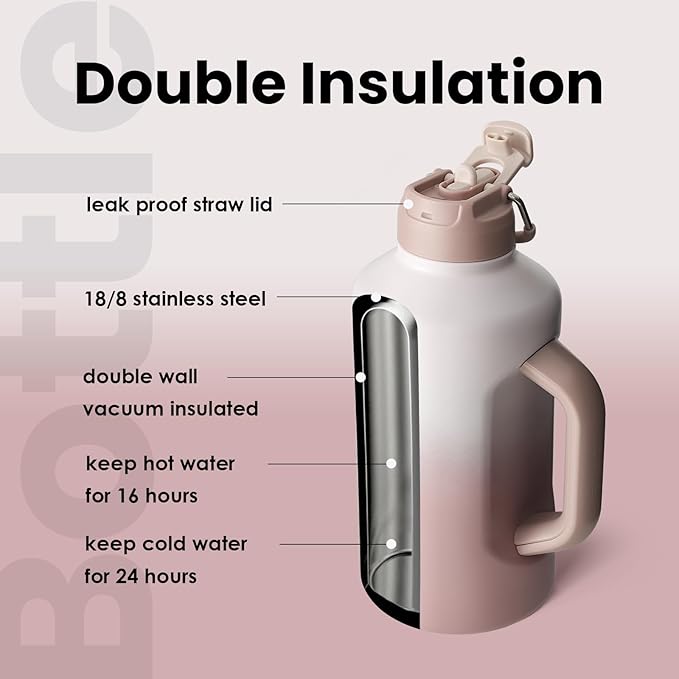 BOTTLE BOTTLE Insulated Water Bottle 64 oz with Straw and Dual-use Lid Stainless Steel Water Bottle with Handle Vacuum Stainless Steel Jug for Workout and Sports pink gradient