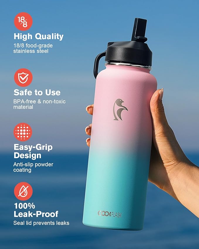 40 oz Insulated Water Bottle with Straw&3 Lids, Coolflask Stainless Steel Metal flask Wide Mouth for Sports or Office, Non-BPA Keep Cold Up to 48 Hrs or Hot Up to 24 Hrs, Bubblegum Princess