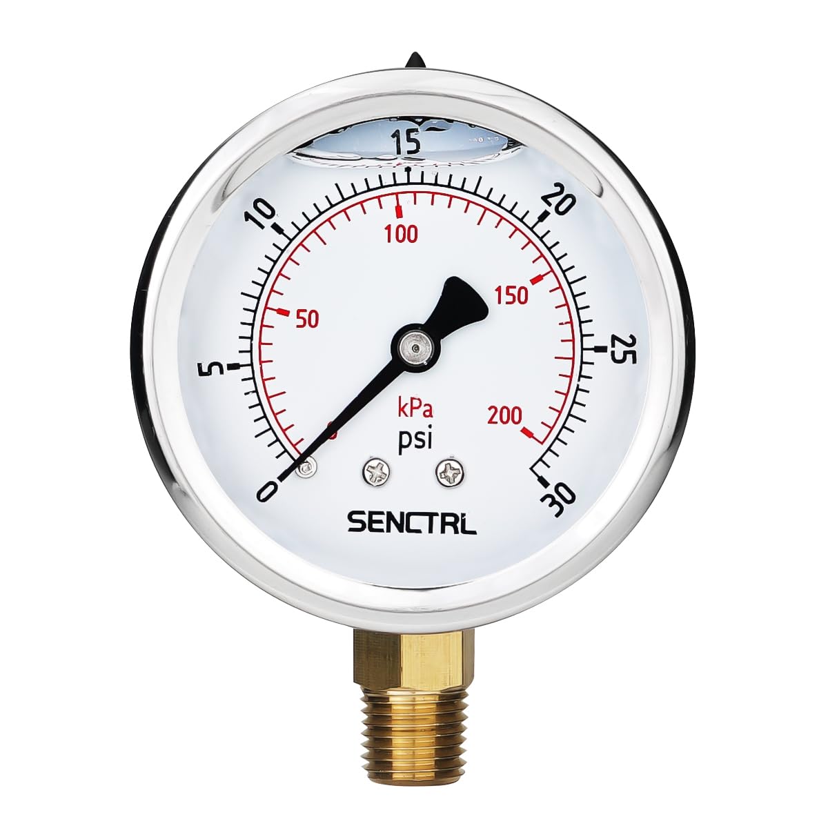 SENCTRL 0-30 PSI Glycerin Liquid Filled Low Pressure Gauge, 2.5" Dial Size, 1/4 NPT, Stainless Steel Case, Lower Mount, for Water Oil Air Pressure Test