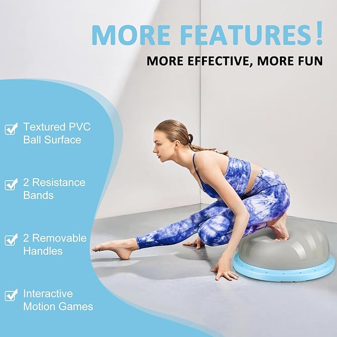 2-in-1 Balance Ball & Plank Board Trainer with App & 4 Interactive Games, Half Exercise Ball for Pilates & Yoga, Core Strength Training, Home Gym Workout, with 2 Resistance Bands & Pump