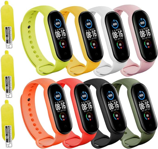 (8 PACK) Mi 5 & 6 Strap Replacement Bracelets with three FREE Screen Protectors , Skin-Friendly Soft & Flexible Silicone Mi 5 & 6 Strap Wristbands for Male and Female