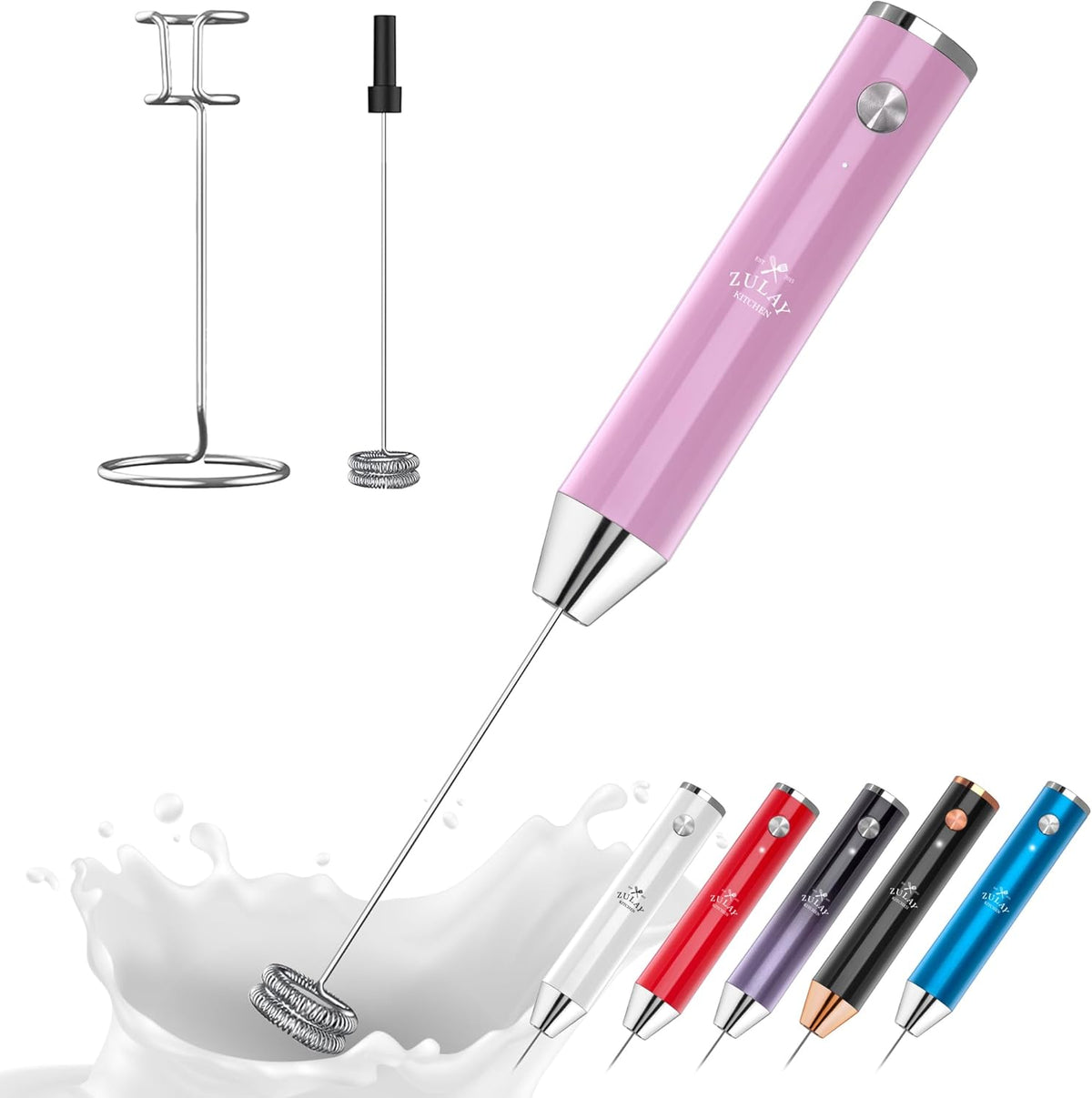 Zulay Kitchen Lux Rechargeable Milk Frother Handheld - Powerful 2-Speed Motor, Fully Waterproof, 2000mAh Battery - Drink Mixer For Latte, Cappuccino, Matcha, Protein Powder - Pink