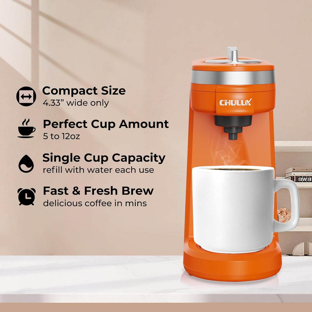 CHULUX Single Serve Coffee Maker for K Capsule, Mini Coffee Maker for One Cup Americano, Lightweight Pod Coffee Machine, Orange