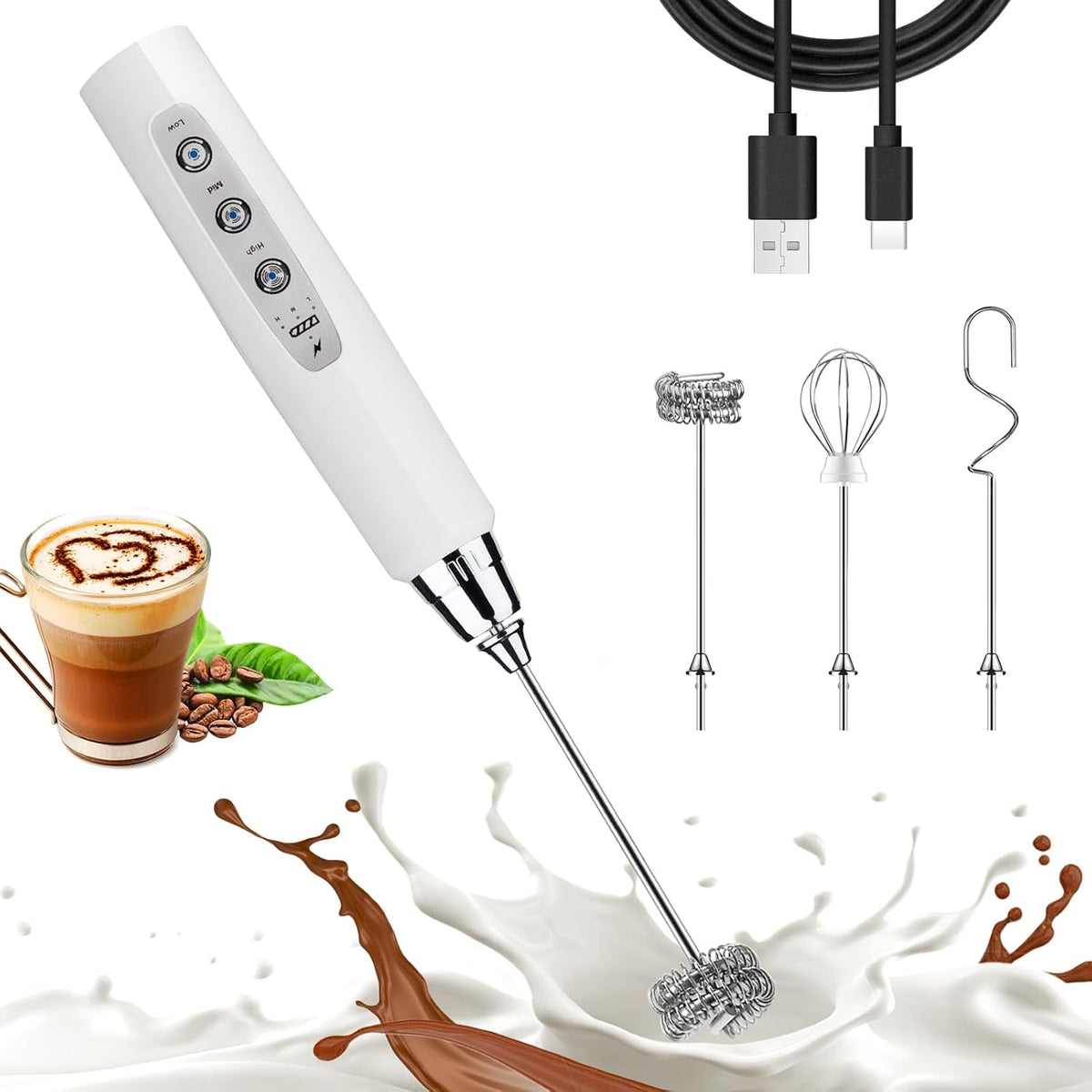 Nahida White Milk Frother Wand for Coffee, Frother Handheld Rechargeable Electric Whisk with 3 Heads 3 Speeds Drink Mixer Coffee Frother Foam Maker For Latte, Cappuccino, Hot Chocolate, Egg