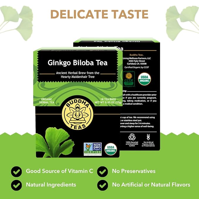Buddha Teas - Ginkgo Biloba - Organic Herbal Tea - For Cognitive Balance & Overall Health - With Vitamin C - Energizing Blend - Caffeine Free - 100% Kosher & Non-GMO - 18 Tea Bags (Pack of 1)
