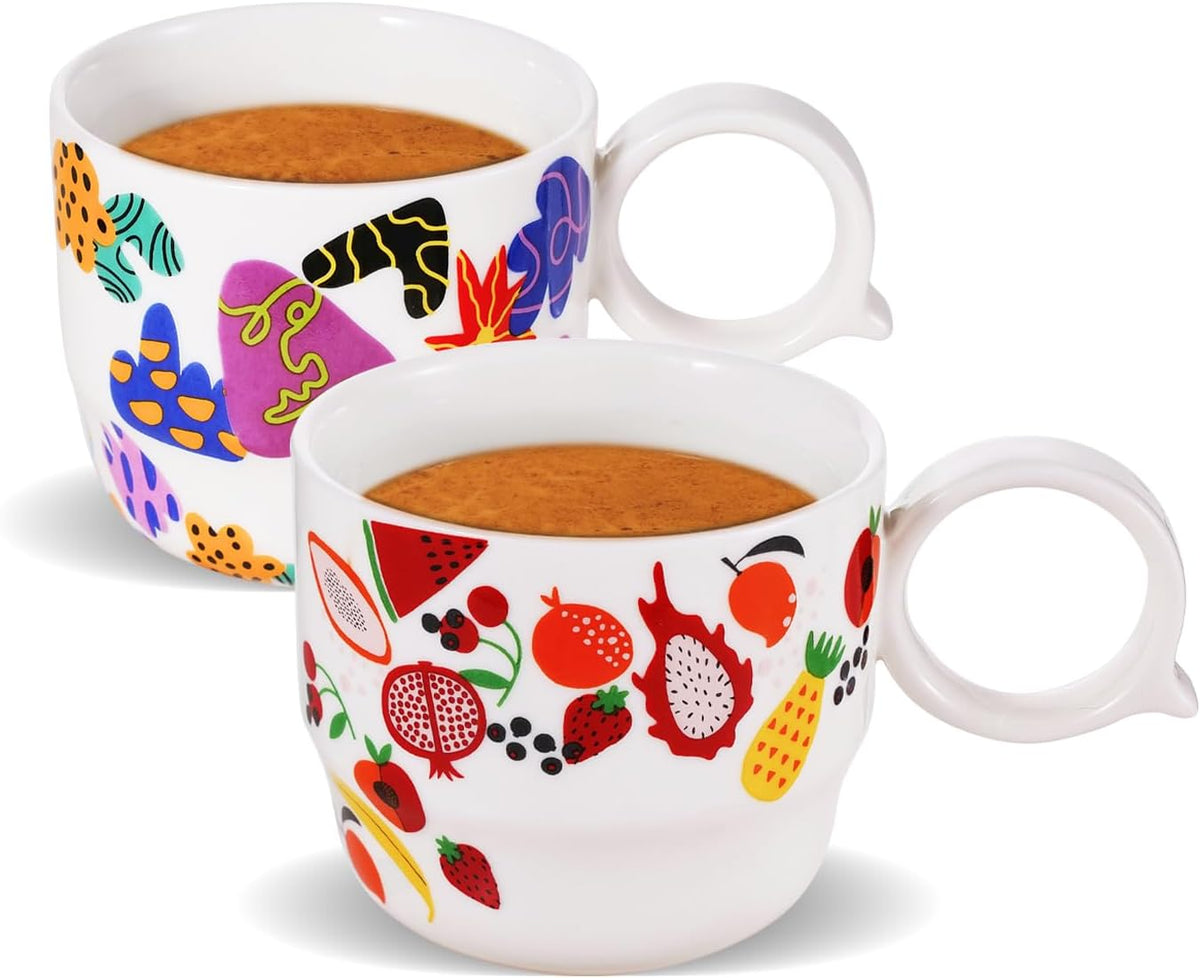 Ceramic Espresso Cups Set of 2 – Mini 3 oz Double Espresso Coffee Cups Small Espresso Shot Cups with Cute Q Handle, Gift for Coffee Lovers, Floral and fruit Patterns-White