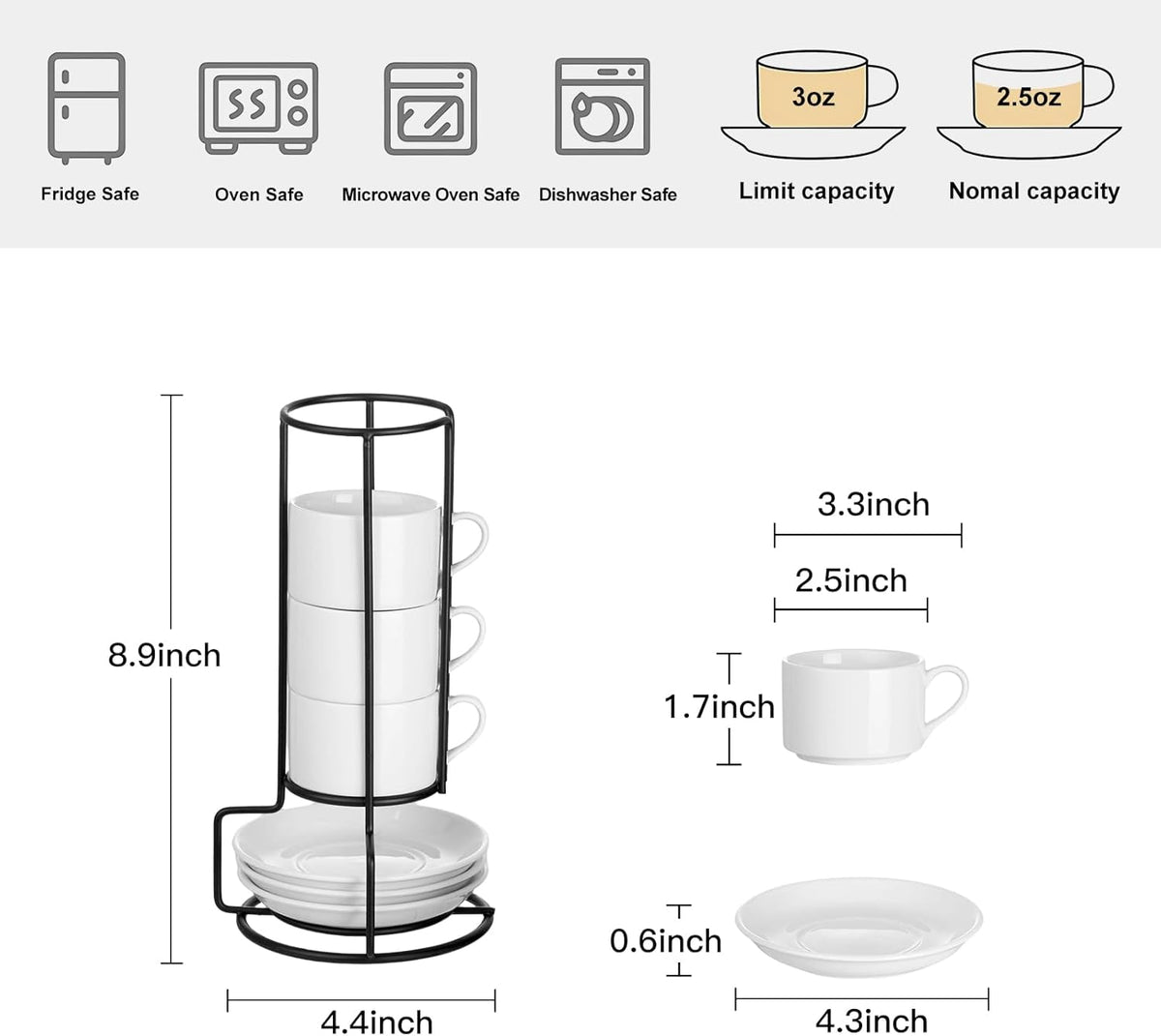 2.5oz Porcelain Stackable Espresso Cups with Saucers and Metal Stand Set of 4, Stackable Cappuccino Cups, White Expresso Shots Cup Set for Coffee Drinks, Latte, Tea