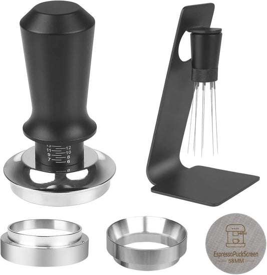 58mm Espresso Tamper Kit - Dual-Spring Calibrated Coffee Tamper, 8-Needle WDT Tool Espresso Distribution Tool, Magnetic Aluminum Dosing Funnel, Reusable Puck Screen, Fit for 58mm Portafilters