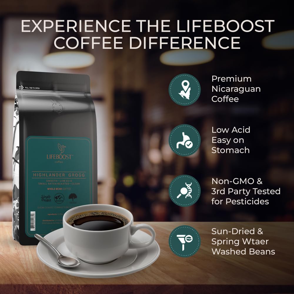 Lifeboost Highlander Grogg Whole Bean Coffee - Non-GMO Low Acid Single Origin Flavored Coffee Beans - Third Party Tested For Mycotoxins & Pesticides - 12 Ounces