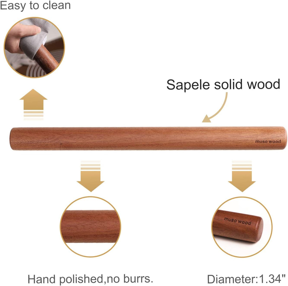 Muso Wood Sapele Wooden Dowel Rolling Pin for Baking,Tapered Roller for Fondant, Pie Crust, Cookie, Pastry (Dowel 15-3/4inch)