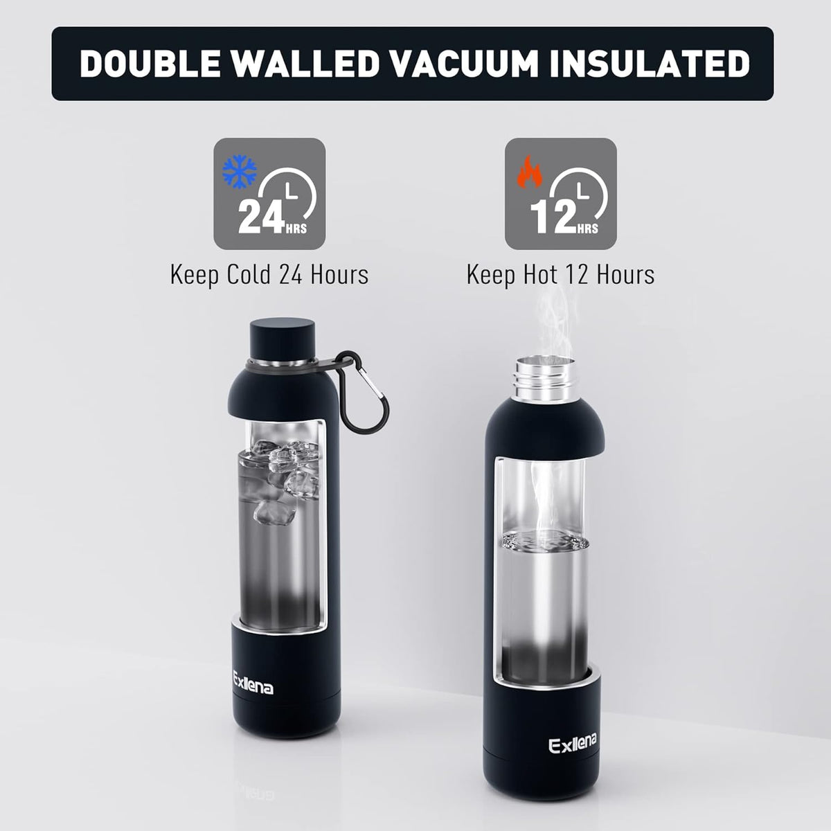 Slim Insulated Water Bottles for Travel 25oz with Clip, Double Wall Vacuum Stainless Steel Water Bottle Keeps Drinks Cold 24 Hrs/Hot 12 Hrs, 100% Leakproof, BPA Free(Black)