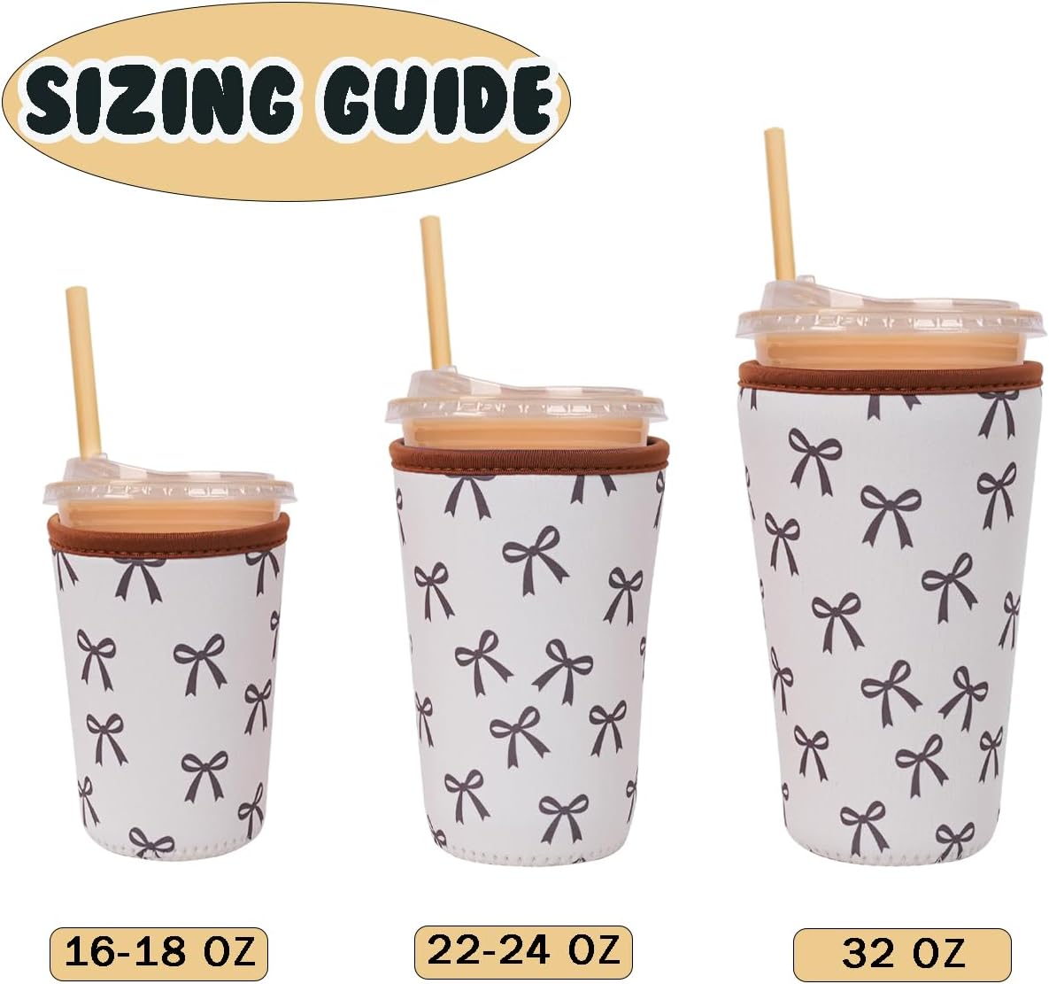 Reusable Insulated Neoprene Iced Coffee Cup Sleeve, Durable Drink Sleeve for Cold Beverages, Beverage Holder for Iced Coffee, Cream Bow