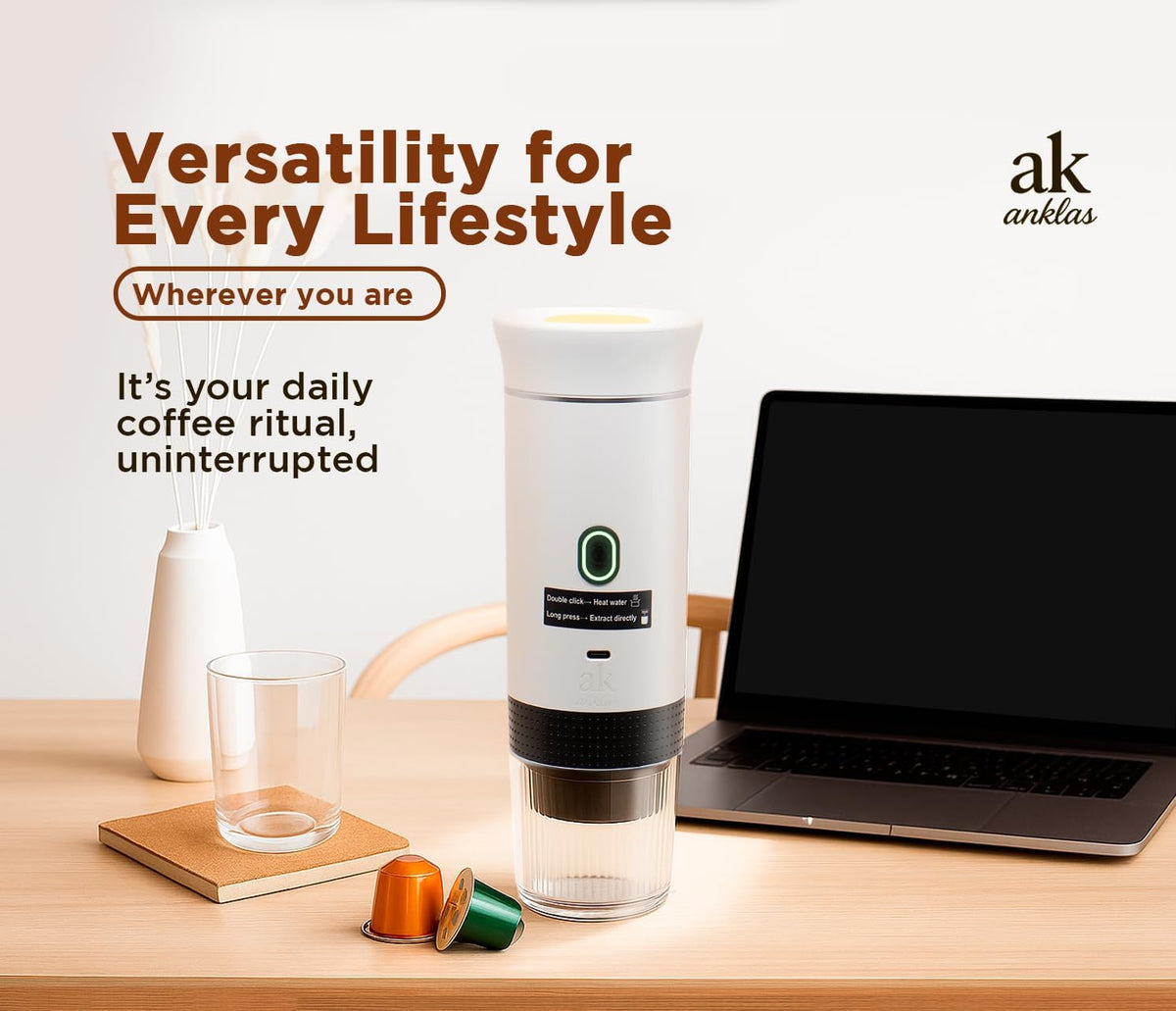 3-in-1 Portable Coffee Maker – Electric Espresso Machine for Travel – Compatible with Ground Coffee, NS & DG Capsules – USB-C Rechargeable Portable Espresso Maker (White)