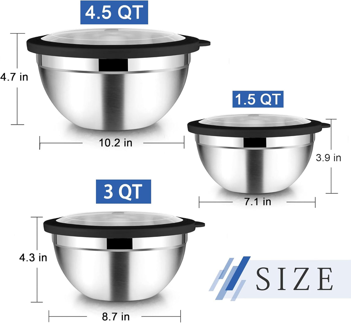 TeamFar Mixing Bowls, 4.5/3/1.5 QT Stainless Steel Nesting Salad Bowls with Airtight Lids, For Serving/Mixing/Storing/Prepping, Non-Toxic & Sturdy, Visible & Easy Clean, Black, Set of 3