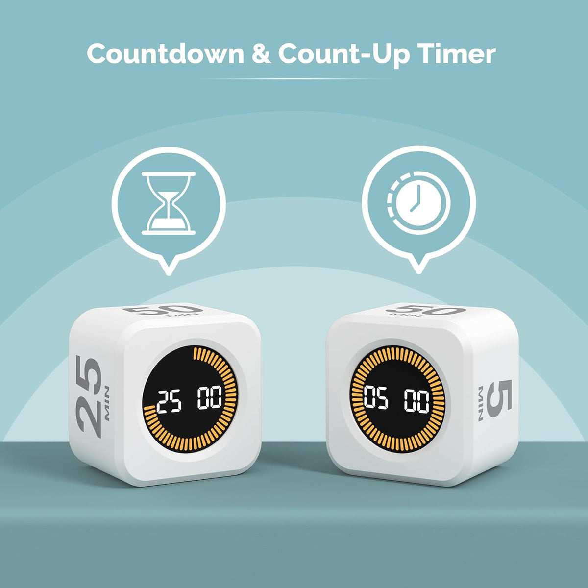 KADAMS Pomodoro Cube Timer Productivity Visual Timer - 5/10/25/50 Min Rotating Countdown, Customize Countup Silent Mode- for Work Study Cook Workout Kitchen Back to School Classroom (White)