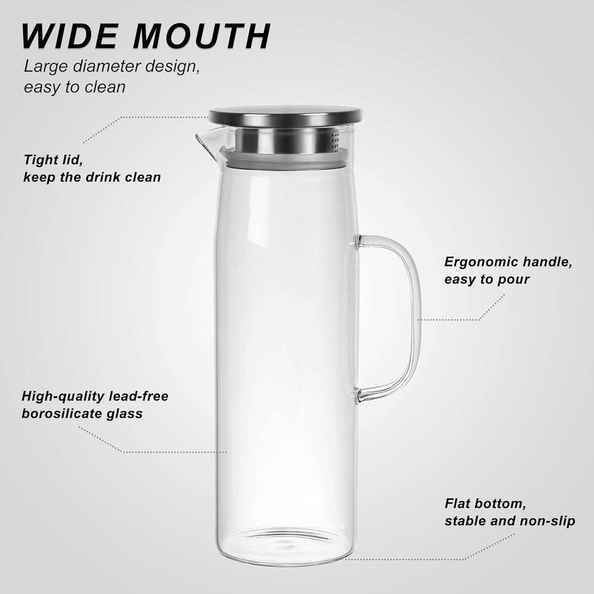 Joeyan 1.5 Liter 51oz Glass Pitcher with Lid, Fridge Door Glass Water Jug, Easy Clean Heat Resistant Water Carafe for Hot and Cold Beverages,Coffee, Iced Tea & Juice, Including Long-Handled Brush