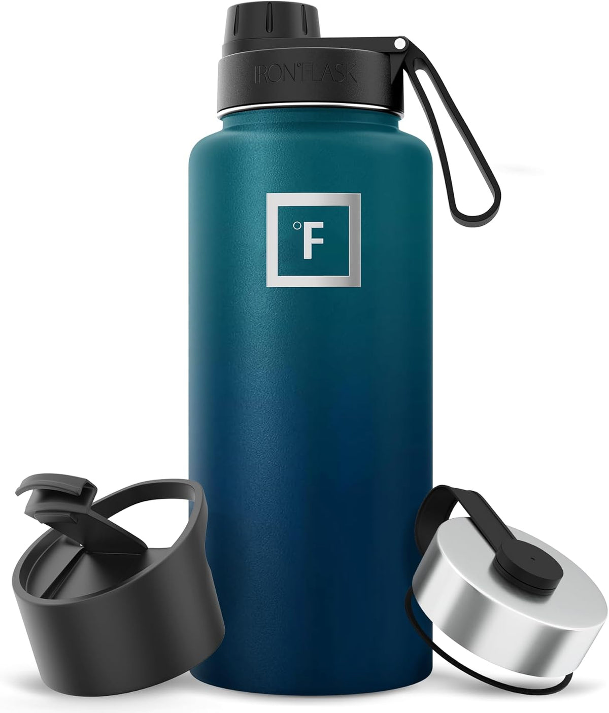 IRON °FLASK Camping & Hiking Hydration Flask with 3 Lids - Stainless Steel, Double Walled & Vacuum Insulated Water Bottle - Leak Proof & BPA Free (Dark Night, Spout - 32 oz)