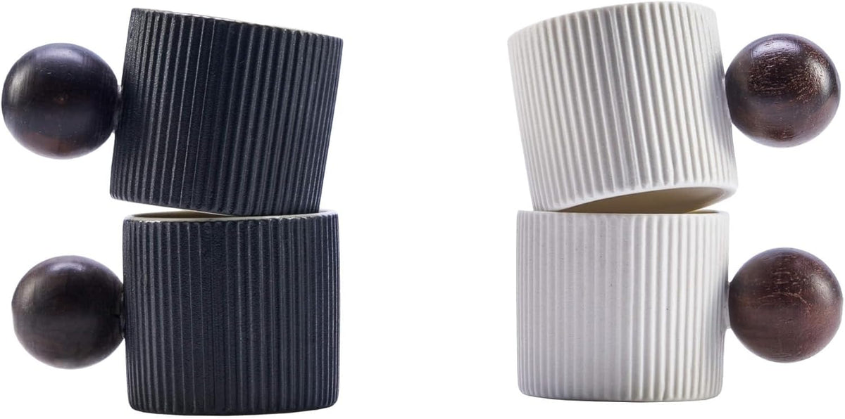 Ceramic Mini Espresso Cups Demitasse Cups with Round Wooden Handle Vertical Stripes Tea Cups (Black/White, 4pcs)