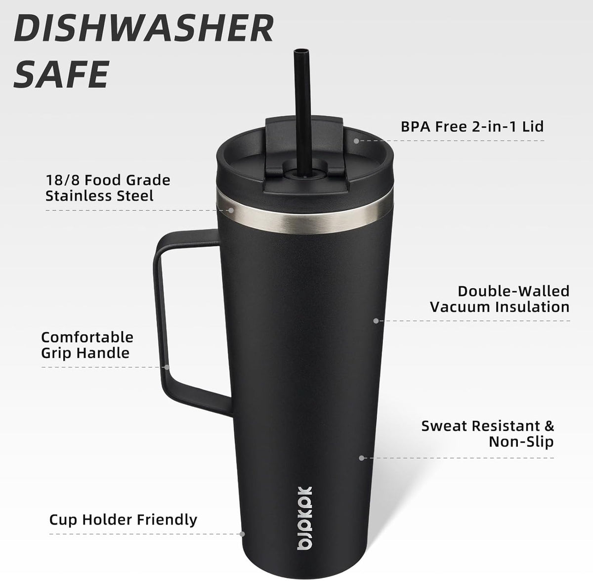 BJPKPK Insulated Tumbler with Handle, 26oz Insulated Tumblers with Lid and Straw, Stainless Steel Metal Water Bottles, Coffee Travel Mugs, Cups, Black