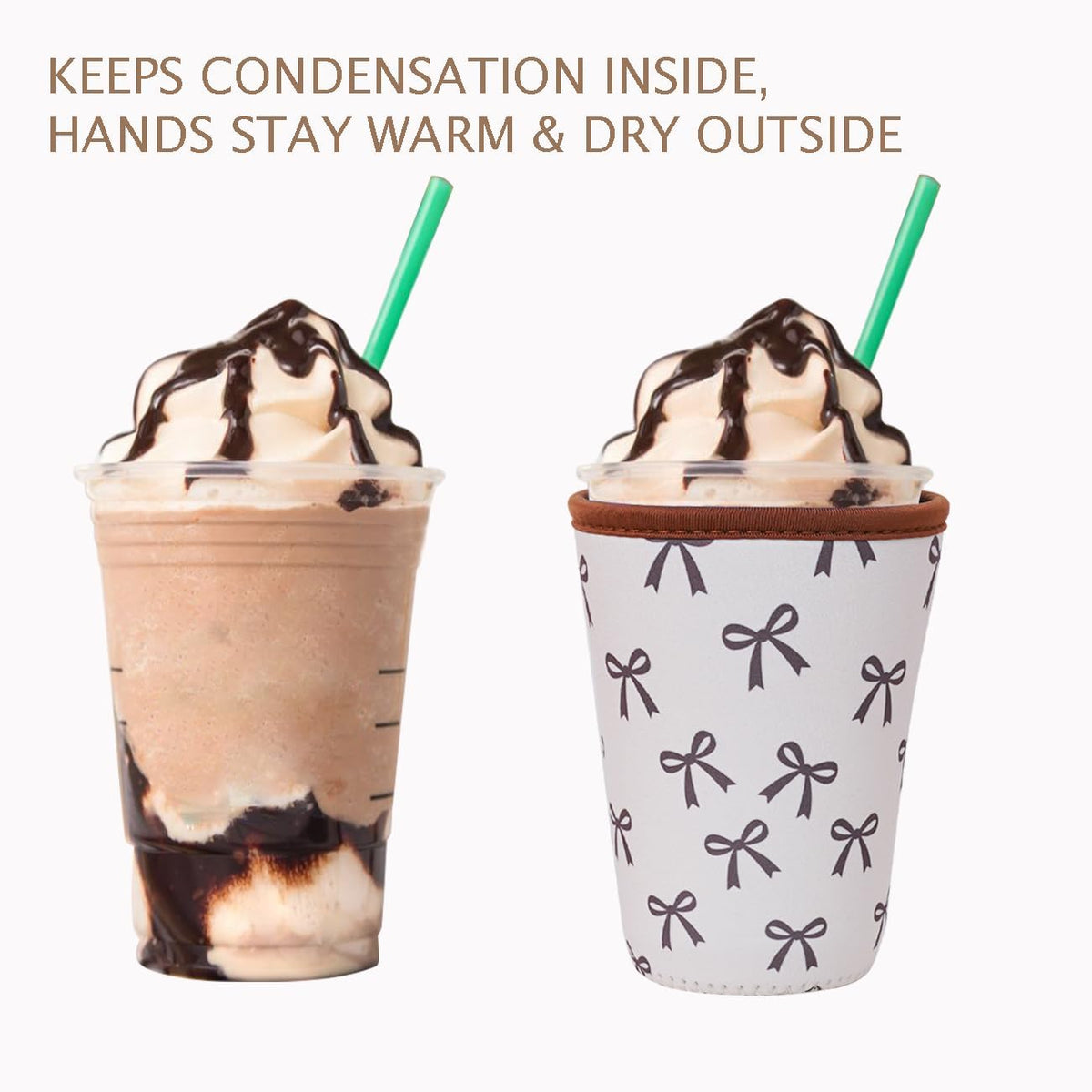 Reusable Insulated Neoprene Iced Coffee Cup Sleeve, Durable Drink Sleeve for Cold Beverages, Beverage Holder for Iced Coffee, Cream Bow