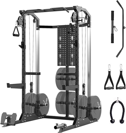 Power Cage, Squat Rack with Cable Crossover and Dual Independent Pulley System, 2000LB Capacity Workout Cage with More Training Attachments, Power Rack for Home Gym