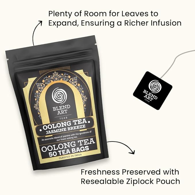 Blendart Jasmine Oolong Tea bags 50 Count | Oolong tea bags for weight loss | Premium High Mountain Oolong Tea leaves | Naturally Caffeinated Tea | Flower Scented Tea | Pyramid Tea bags