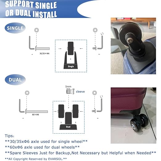 45mm Set of 4 Luggage Suitcase Replacement Wheels for Trolley Case Travel Bags Caster Inline Roller Skating Roller Swivel Rubber Wheels Bearings Repair Kits with Axles 30mm&35mm&60mm