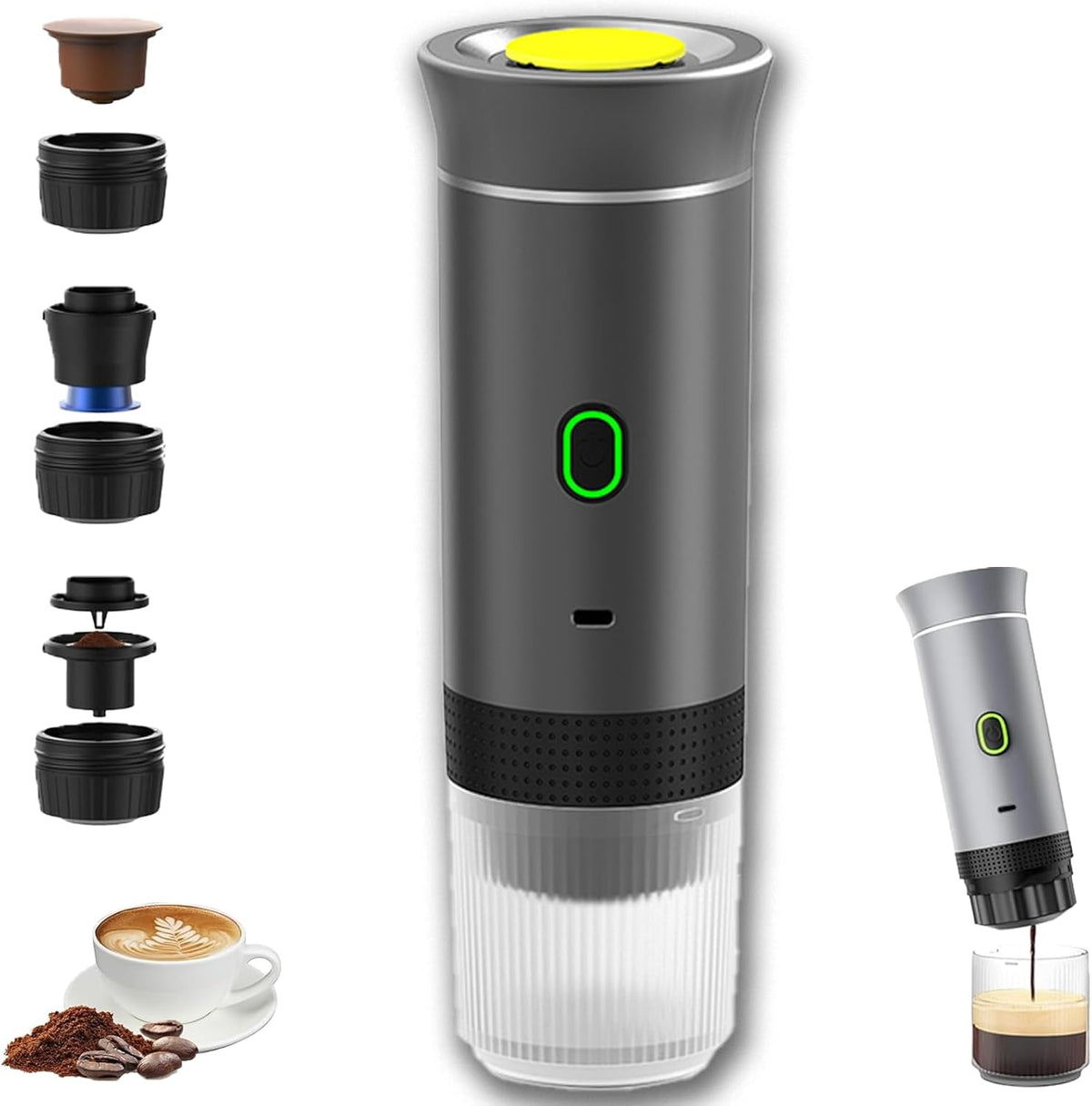 Esprova Portable Espresso Machine, Portable Electric Coffee Maker for Travel Camping, 3-in-1 Self-Heating Espresso Maker, Compatible with Ground Coffee and Capsules, Compact Lightweight (Grey)