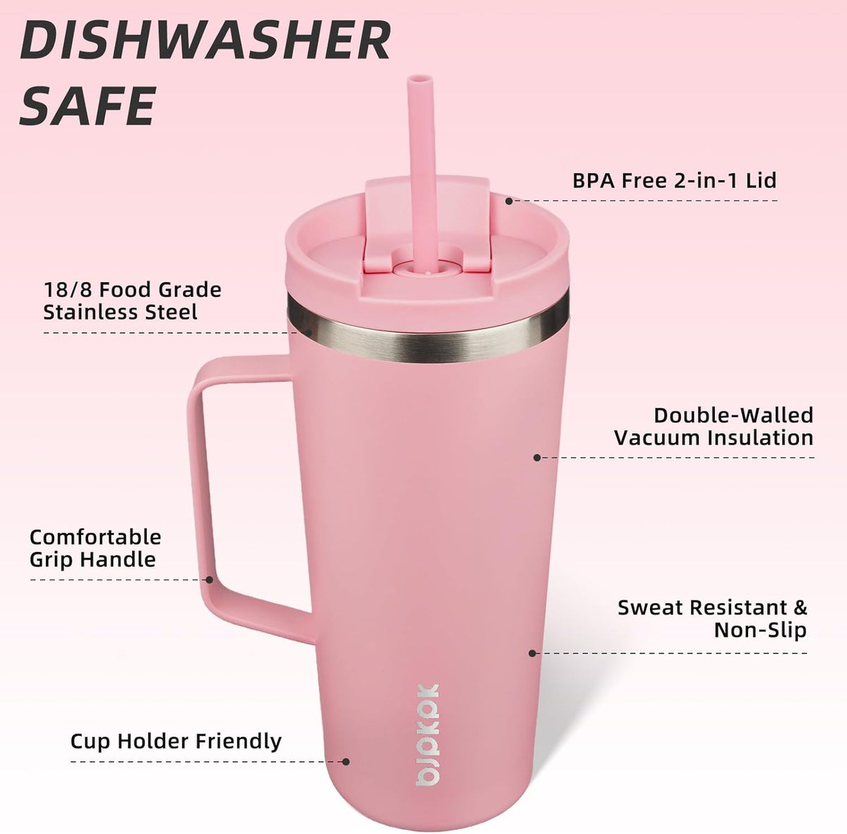 BJPKPK Insulated Tumbler with Handle, 22oz Insulated Tumblers with Lid and Straw, Stainless Steel Metal Water Bottles, Coffee Travel Mugs, Cups, Light Pink