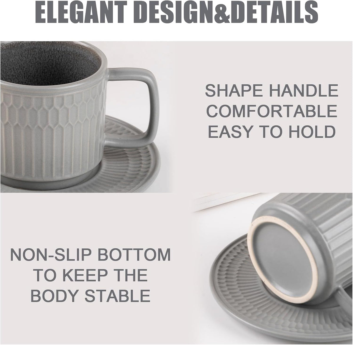 Large Cappuccino Cups with Saucers Set of 4, 8 Ounce Stackable Embossed Ceramic Coffee Mugs for Specialty Coffee Drinks, Latte, Cafe Mocha and Tea, Dishwasher & Microwave Safe (Grey)