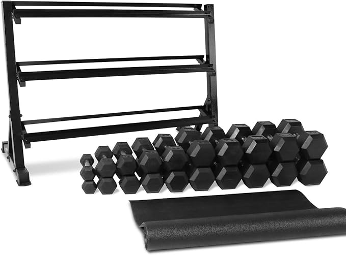 WF Athletic Supply Rubber Coated Hex Dumbbell Set, Multiple Choices Available - Dumbbells with Rack Stand and Mat, or Dumbbells Only (200/550/1200/2100/3000 LB)