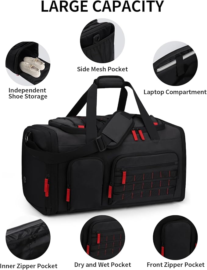 Gym Bags for Men Women, 45L Sports Travel Duffle Bag with Shoe Compartment, 3 in 1 Weekener Overnight Backpack with Wet Pocket, Black