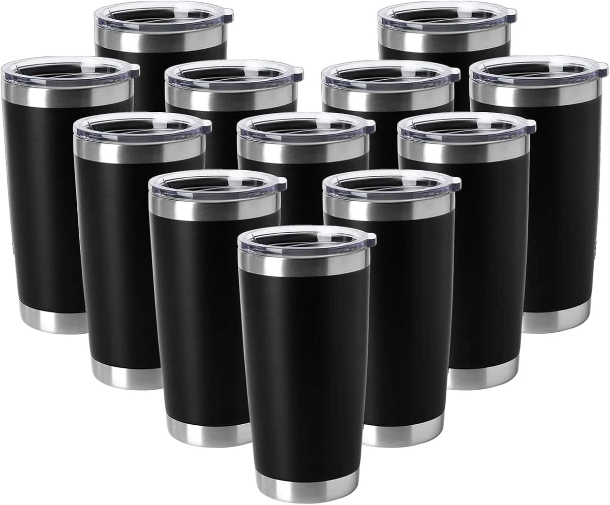 HASLE OUTFITTERS 20oz Tumblers Stainless Steel Mugs with Lid Double Wall Vacuum Insulated Coffee Cups for Cold & Hot Drinks (20oz-Black, 12 Pack)