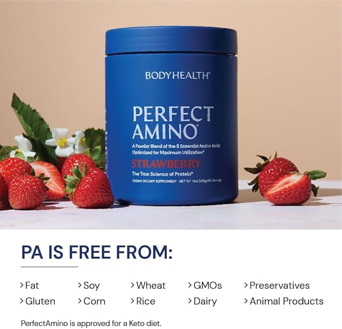 BodyHealth PerfectAmino Powder - BCAA and EAA Powder for Pre and Post Workout - Amino Acid Energy Drink for Men and Women to Support Lean Muscle and Recovery - Strawberry - 60 Servings