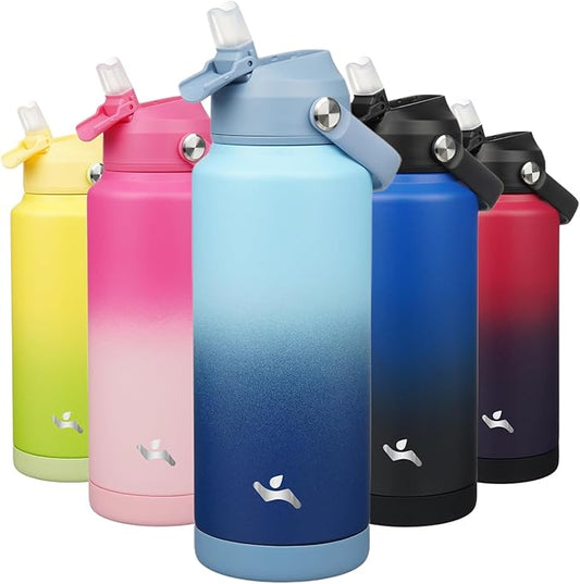 Insulated Water Bottle with Straw Lid,32 oz Stainless Steel Vacuum Metal Bottle with Silicone Handle, Sky