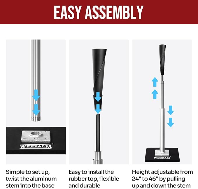 Batting Tee for Baseball/Softball, Premium Hitting Tee with Handrolled Rubber Top,Aluminum Stem,Metal Base,Easy Setup Baseball Tee Height Adjustable 24-46 inch for Kids and Adults