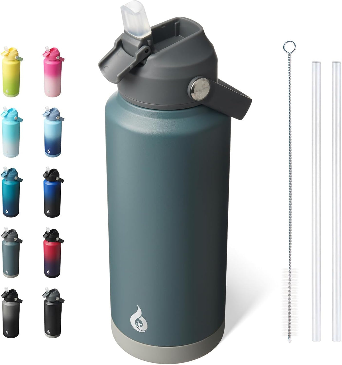 BJPKPK Water Bottle with Straw Lid, 32oz Vacuum Insulated Water Bottles, Metal Stainless Steel Thermos for Sports, Travel, BPA Free Leak Proof Thermos, Cups, Flasks, Tumblers, Grey