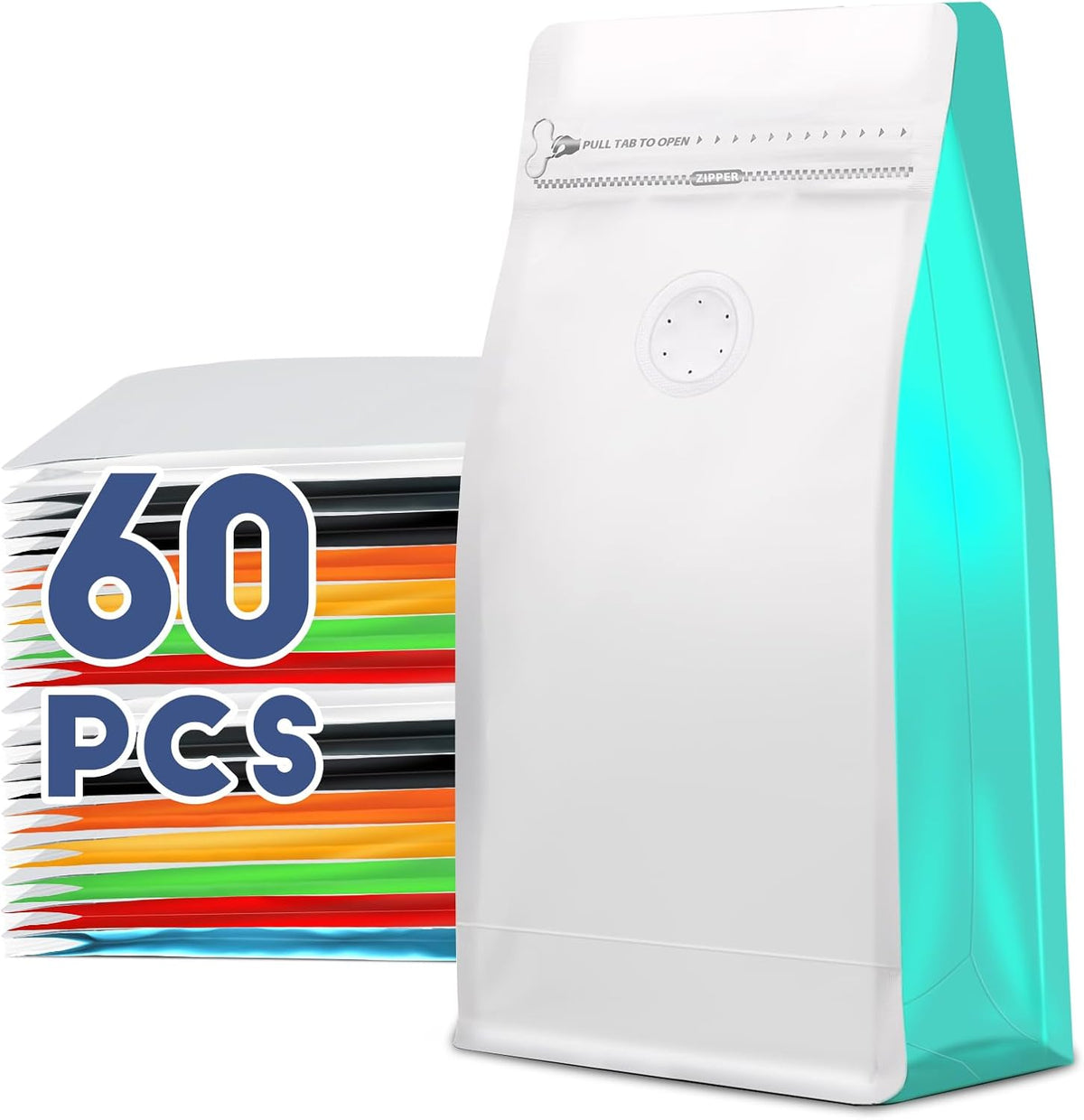 Coffee Bags with Valve(60pcs,16 oz,1 lb) Vented Coffee Beans Packaging Bags High Barrier Aluminumed Foil Flat Bottom Heat Sealed Side Zipper Resealable Storage Bag for Home or Business (White+Blue）
