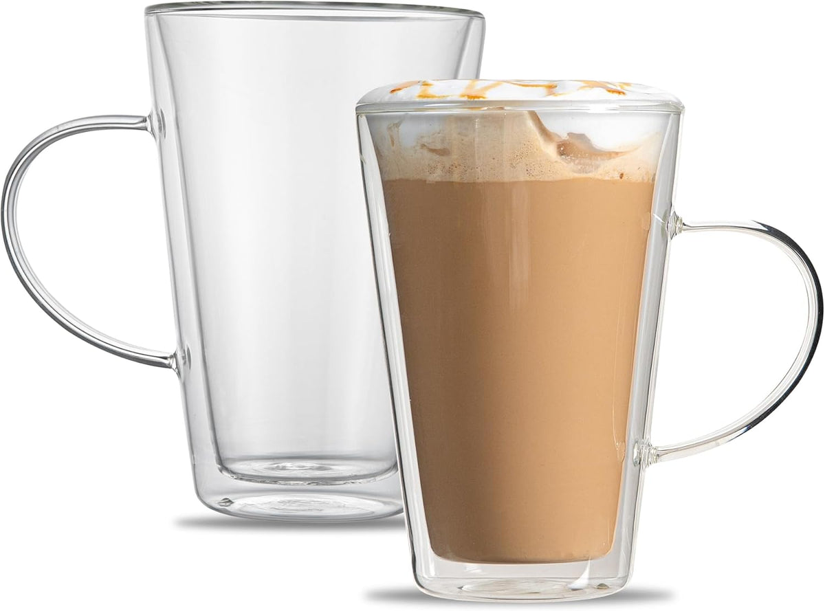 Restaurantware-Forma Professional 13.5 oz Double Wall Glass Mugs, 2 Insulated Coffee Mugs With Handle - Dishwashable, Reusable, Clear Glass Beverage Cups, Freezable, For Hot Or Cold Beverages
