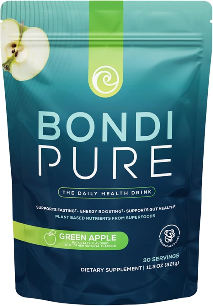 Bondi Pure - Daily Health & Detox Drink - Promote Gut Health & Energy Support During a Cleanse or Intermittent Fasting - Plant-Based Fibers, Alkalizing Super Greens - Green Apple (30 Servings)