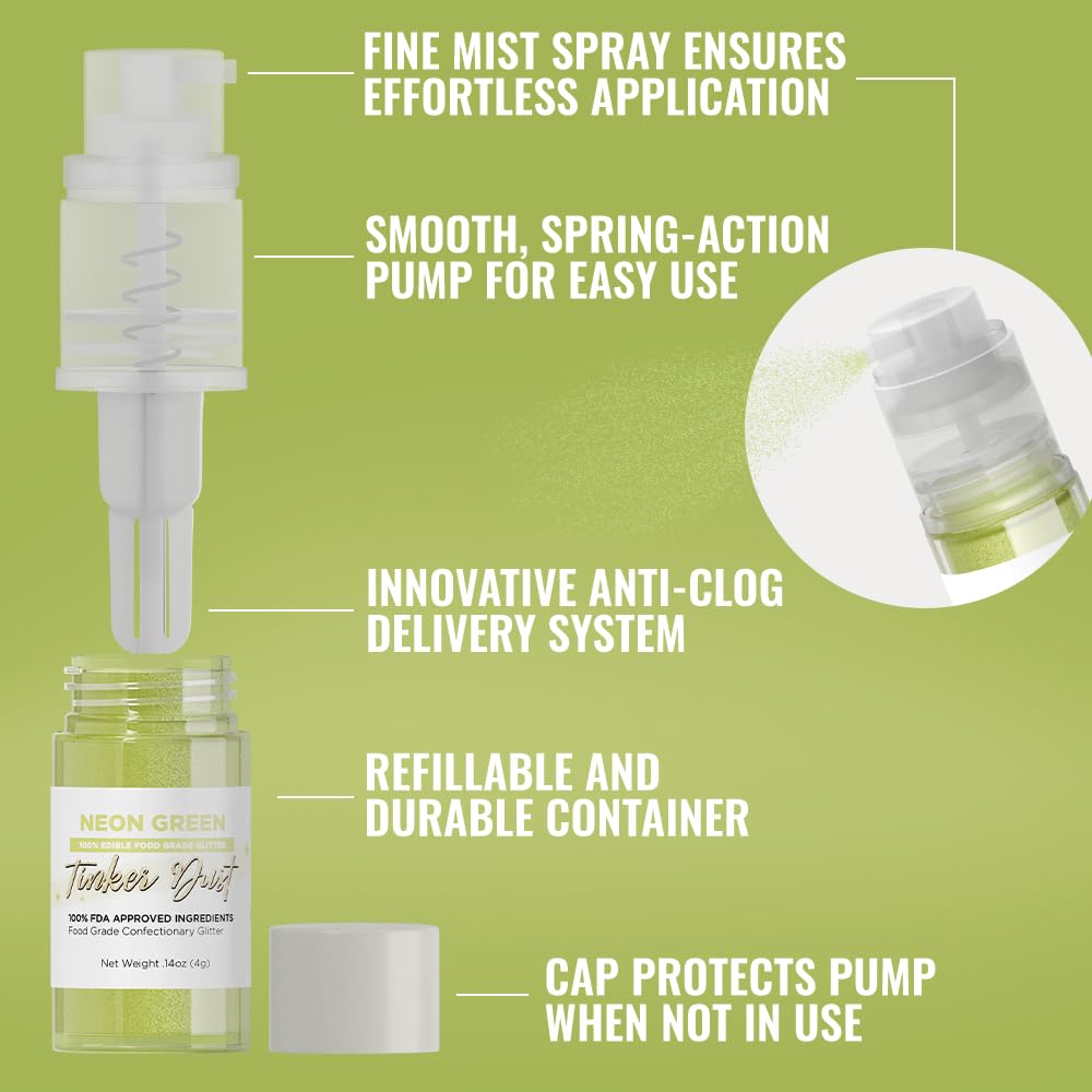 Bakell - Neon Green Tinker Dust (4g, 1x Mini Spray Pump) Edible Glitter for Food, Desserts, and Beverages!