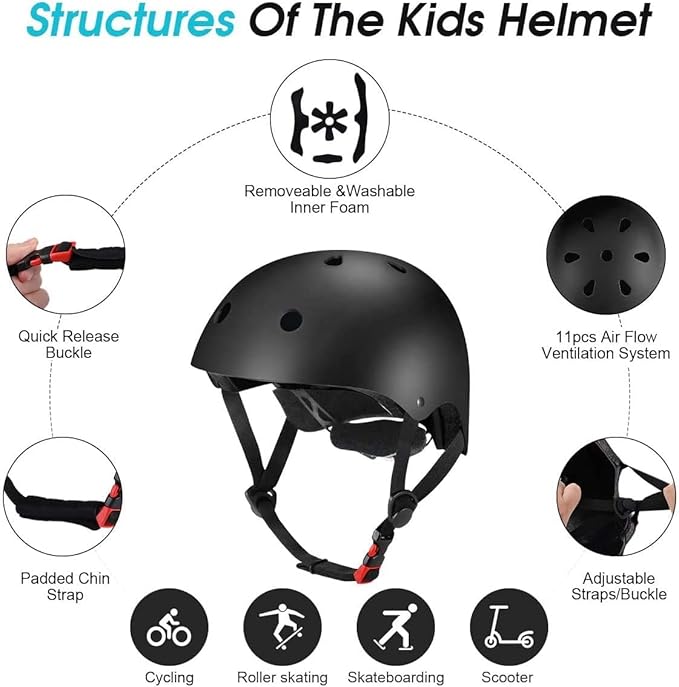 Adjustable Helmet for Ages 3-16 Kids Toddler Boys Girls Youth,Protective Gear with Elbow Knee Wrist Pads for Multi-Sports Skateboarding Bike Riding Scooter Inline skatings Longboard Roller Skate