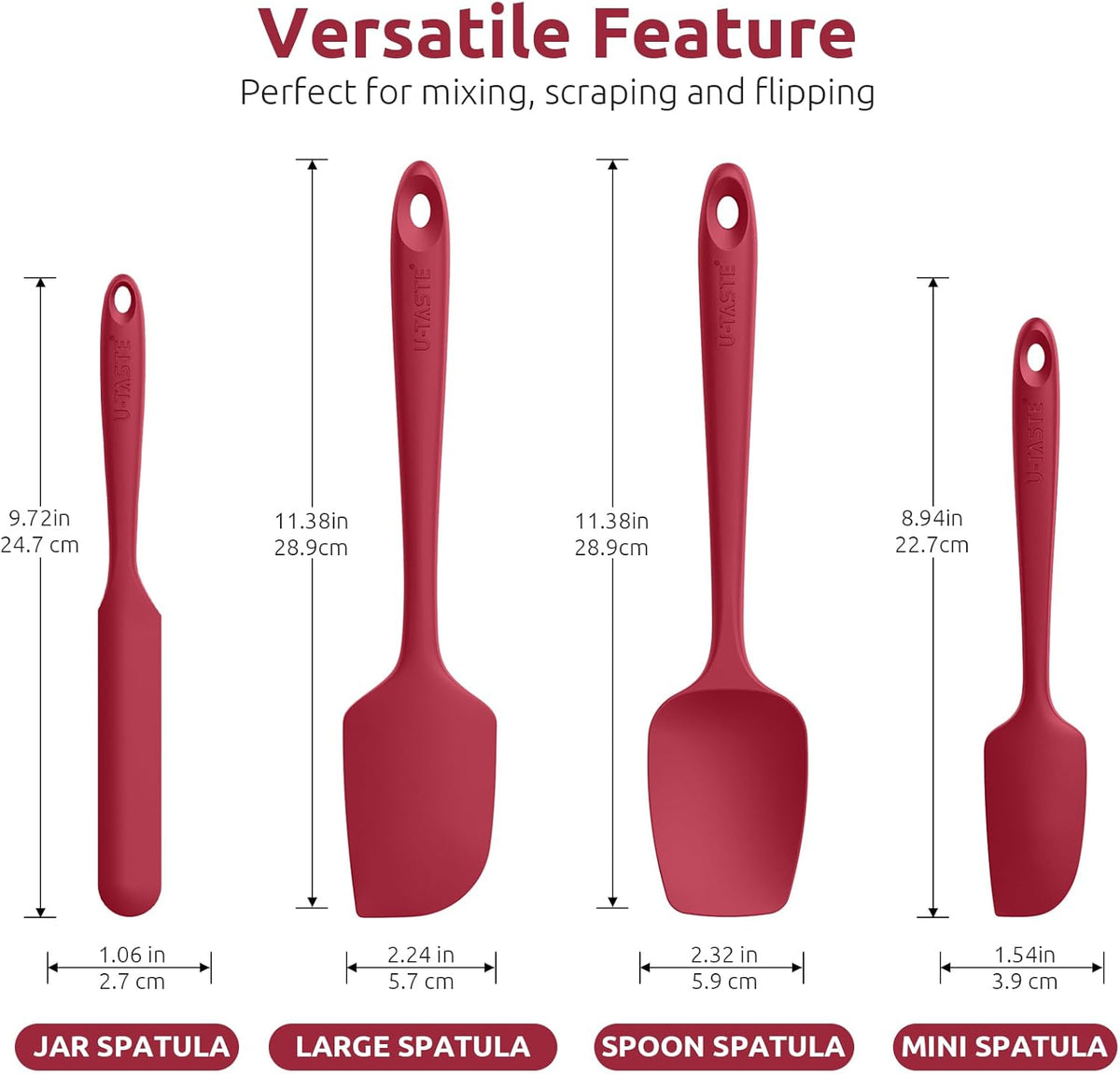U-Taste Silicone Spatula Set with 600 Degrees Fahrenheit Heat Resistant (Red)