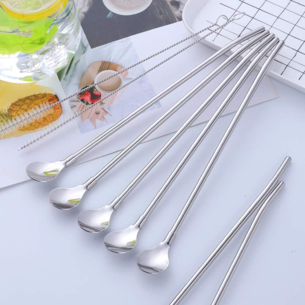 Straws - 8 PCS Silver 8.5 Inch 18/8 Stainless Steel Reusable Metal Straws With 2 Cleaning Brushes