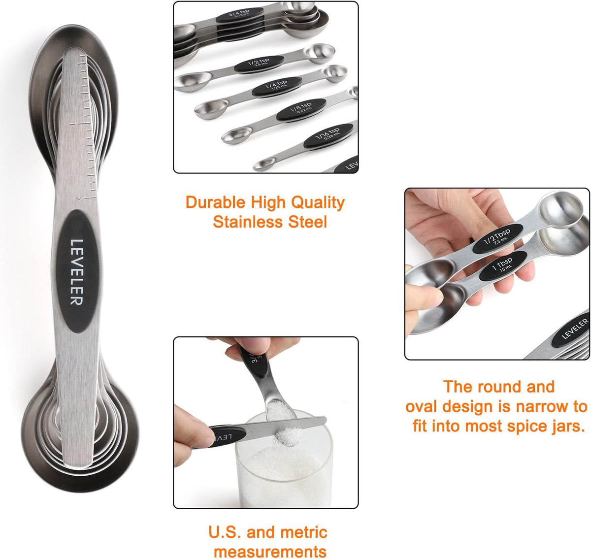 Magnetic Measuring Cups and Spoons Set Stainless Steel Stackable 7 Magnetic Metal Measuring Cup 8 Magnetic Measuring Spoon with Leveler for Dry Liquid Ingredient